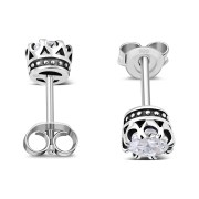 Vintage Royal Crown Celtic Clear CZ Sterling Silver Stud Earrings - e455